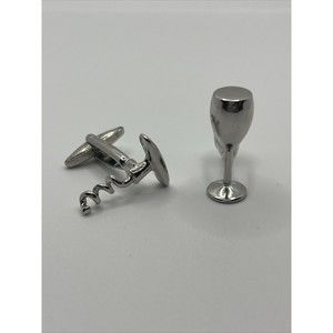 Cuff links Wine Glass Cork Screw Set. Unknown Brand Silver Tone.